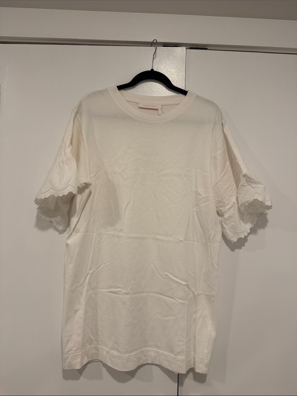 See by Chloè Eyelet Sleeve White Cotton Dress